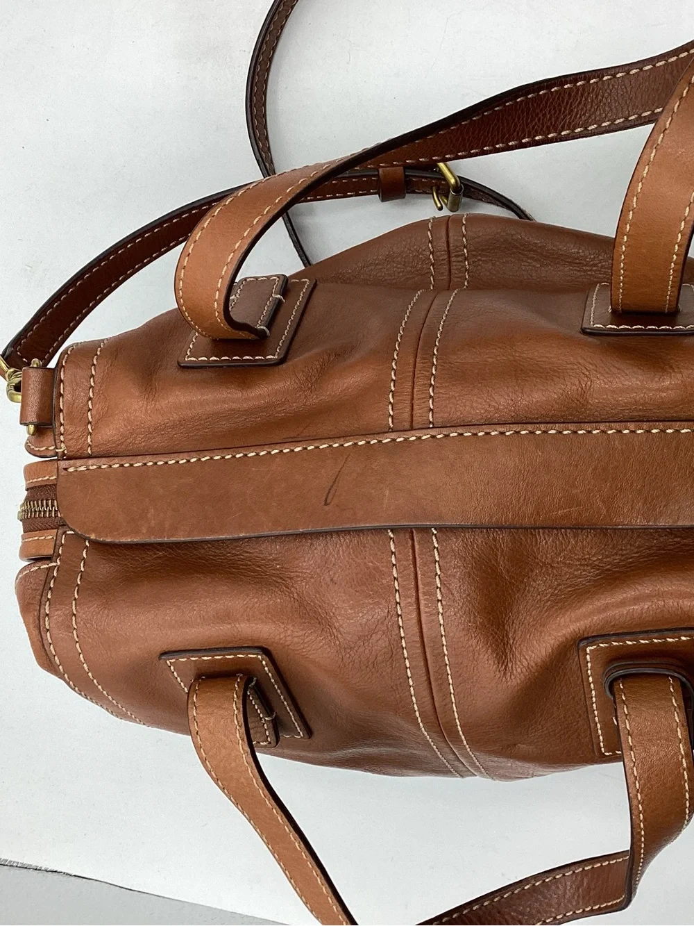 Fossil Emma Satchel Leather Shoulder Bag in Cognac Brown
